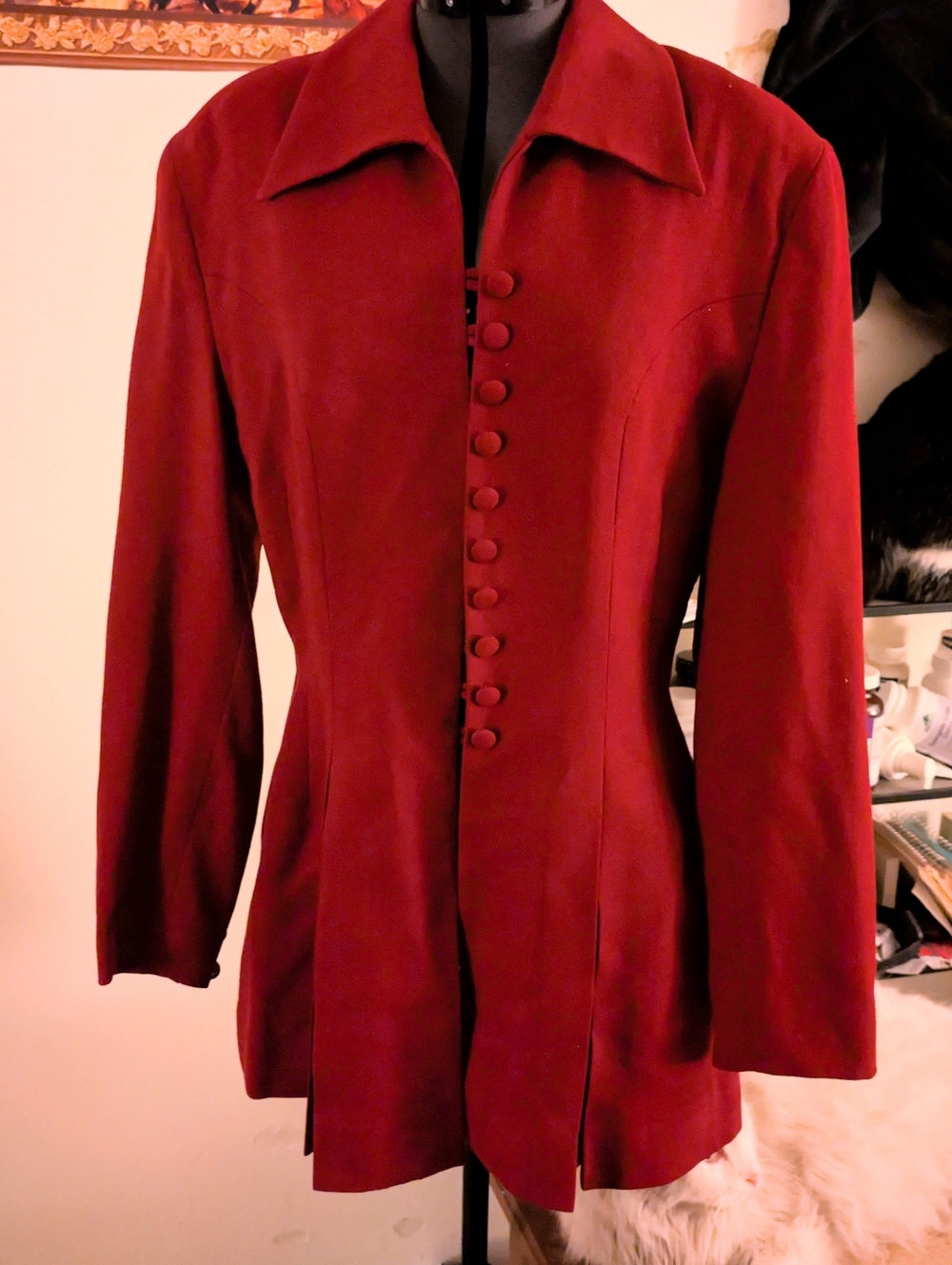 Bebe Garnet Red Structured Button Front Coat – Tailored Victorian Style, Size 8